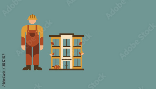 Worker in hard hat standing by an apartment building decorated for autumn Real estate maintenance graphic