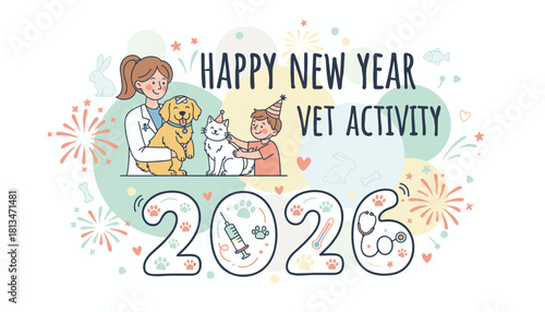Cute New Year 2026 vet illustration with dog cat and boy Veterinary medicine holiday concept