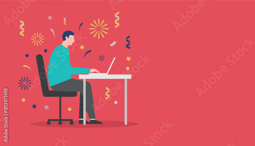 Man working on laptop celebrates success with colorful confetti illustration