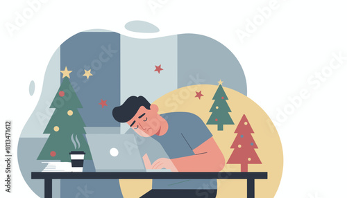 Holiday burnout Man sleeps while working on laptop during Christmas season