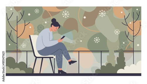 Sad woman scrolling phone on a cold winter terrace Digital depression loneliness or seasonal affective disorder