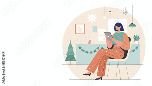 Woman using tablet in a festive modern home office Digital communication and remote work during holidays