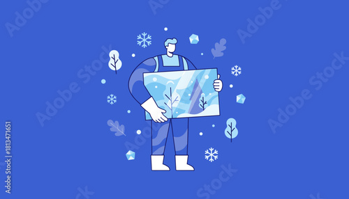 Winter maintenance man holding ice block surrounded by snowflakes Conceptual illustration