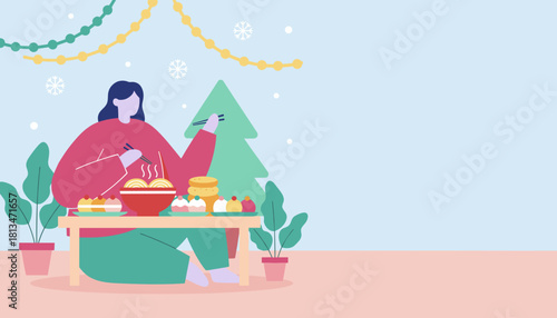 Cozy illustration of a woman enjoying hot noodles and treats at a festive winter celebration