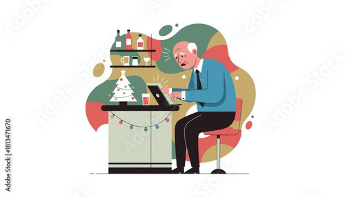 Senior man stressed working on laptop at Christmas Holiday work burnout concept