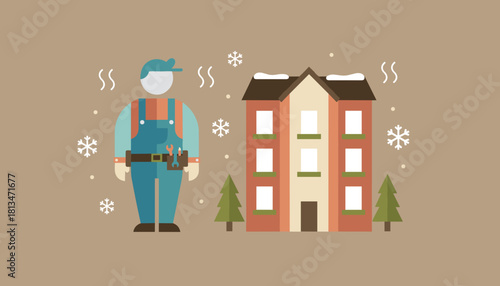 Repairman providing winter heating service to a snowy residential building
