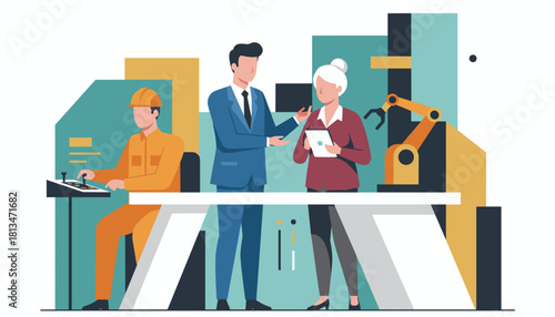 Executives and engineer overseeing automated factory production and robotic arm technology