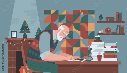 Illustration of an overwhelmed senior working during Christmas holidays with huge stacks of files