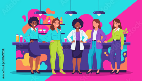 Diverse confident women at a bar counter Professional group networking and female empowerment