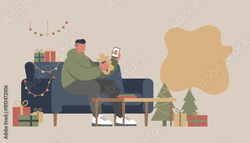 Man uses phone for food delivery while making Christmas cookies at home during the holidays