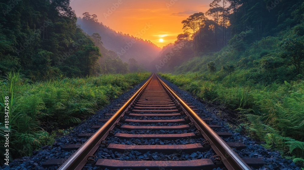 Fototapeta premium Sunrise over rainforest train tracks