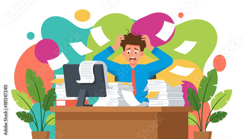 Overworked employee panicking at his desk full of document piles Stress and workload concept