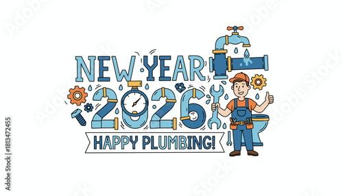 Happy New Year 2026 plumbing industry greeting card illustration with plumber and tools
