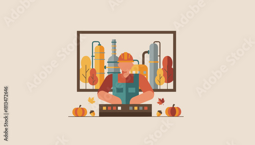 Engineer at refinery control panel symbolizing industry operations during the fall season