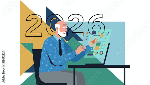 Strategic business planning for 2026 Senior man analyzing data using a transparent futuristic screen