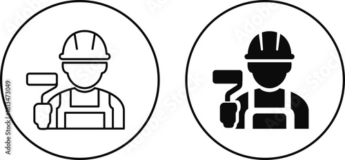 Construction worker icon set builder plumber painter welder engineer maintenance labor character vector pack, black and white and solid professional industry tool avatar symbols for service and repair