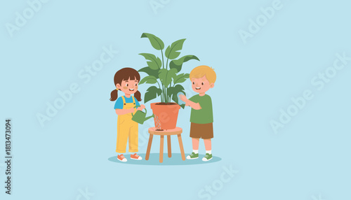 Kids watering and wiping a plant Childhood learning gardening growth responsibility