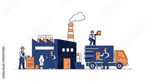 Factory production and logistics Workers processing orders and shipping goods via truck