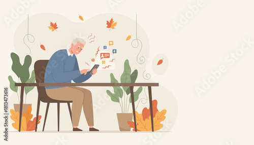 Stressed senior man frustrated by complex phone technology and social media notifications