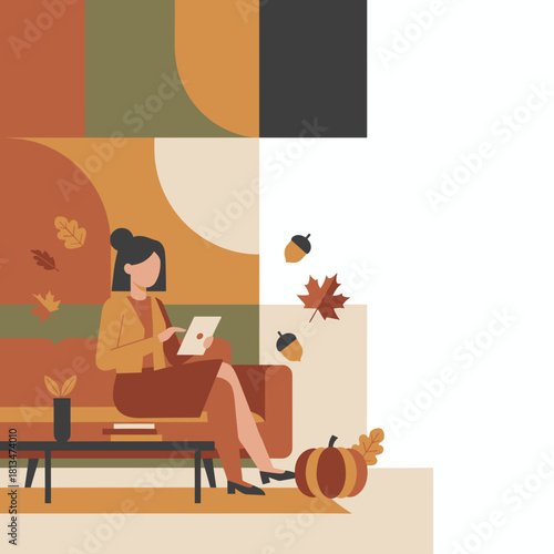 Autumn comfort Woman sits on sofa using tablet device surrounded by fall leaves and pumpkin decoration