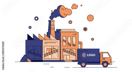Industrial manufacturing factory and logistics delivery truck vector illustration Supply chain and production