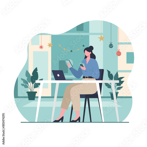 Professional woman using tablet and smartphone for remote work at a desk decorated for the winter holidays