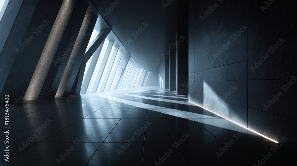 Obraz premium Futuristic dark hall interior with geometric forms and abstract diagonal shadows.
