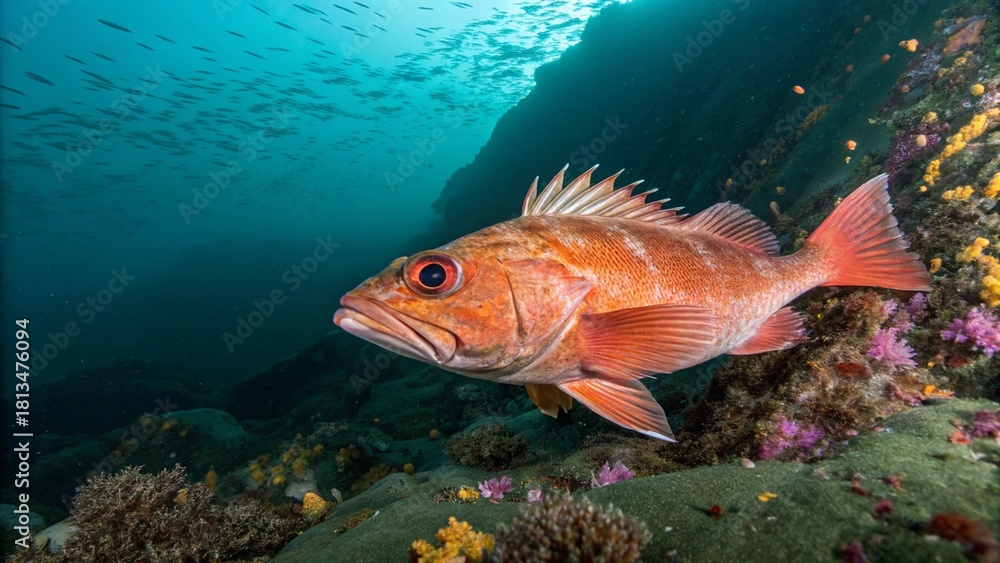 Fototapeta premium A reddish-orange Ocean Perch (Sebastes sp.) hovering near a sponge-covered rocky reef in its deep cold-water environment.