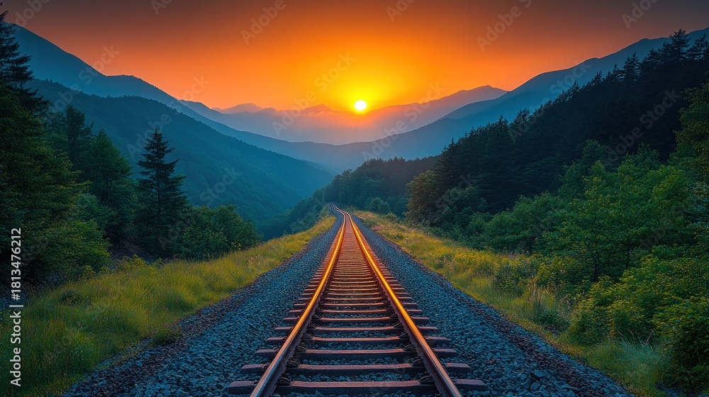 Fototapeta premium Train tracks lead to sunset over mountain range