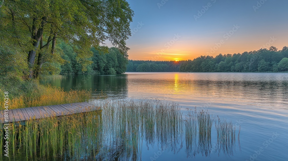 Obraz premium Tranquil lake sunrise, wooden dock, lush trees