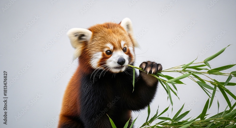 Fototapeta premium Cute Red Panda Eating Bamboo Close-Up