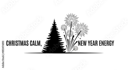 Capturing the festive spirit, this graphic design elegantly juxtaposes the quiet calm of Christmas with the dynamic energy of New Year's Eve fireworks.