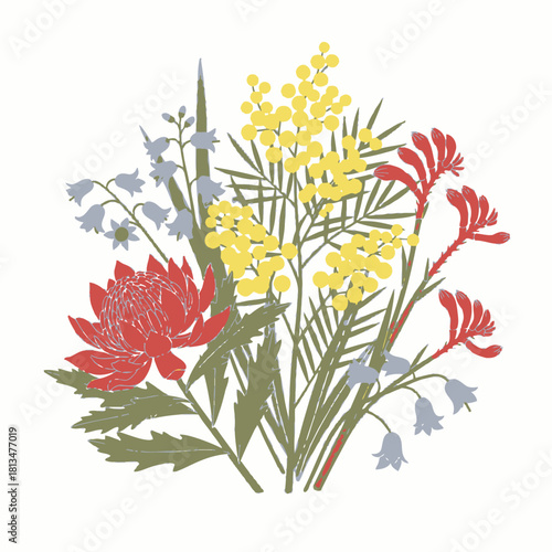 Floral arrangement featuring waratah, kangaroo paw, wattle, and bluebell flowers.