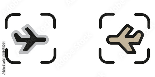 Modern airplane icon set for travel, tourism, and flight promotions, representing departure and arrival in a simple graphic design with a focus frame
