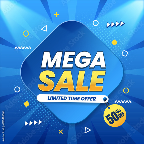 Blue mega sale with element, halftone and spotlight social media template. Shopping promotions design