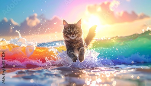 Wallpaper Mural 虹の空の下、海を跳ねる猫 / Playful cat leaping through ocean waves under rainbow sky
 Torontodigital.ca