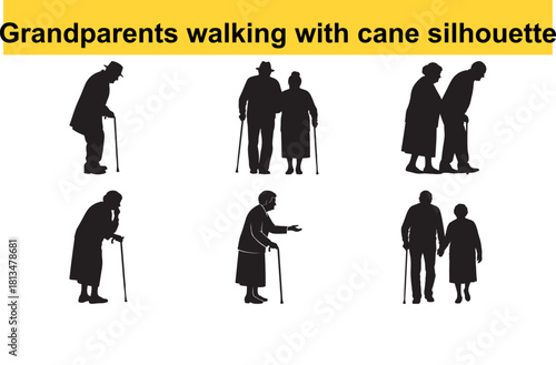 Grandparents walking with cane silhouette