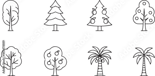 Diverse Tree Icons: A set of eight meticulously crafted tree illustrations, capturing the essence of different tree varieties, from lush deciduous trees to majestic evergreen.