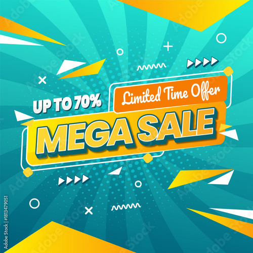 Gradient mega sale with element and spiral shape social media template. Shopping promotions design