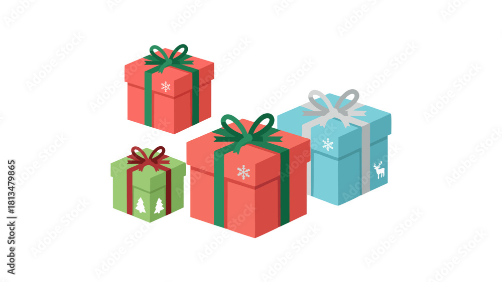 Fototapeta premium Vibrant assortment of festive gift boxes adorned with ribbons and seasonal decorations, perfect for holiday celebrations and special occasions