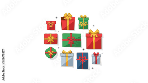 A festive collection of various colorful gift boxes and presents with ribbons. Flat design vector illustration for holiday or birthday surprises