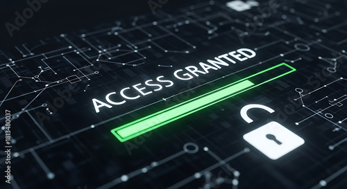 Access granted concept with digital security approval, authorized login, secure system access and cybersecurity authentication technology background
