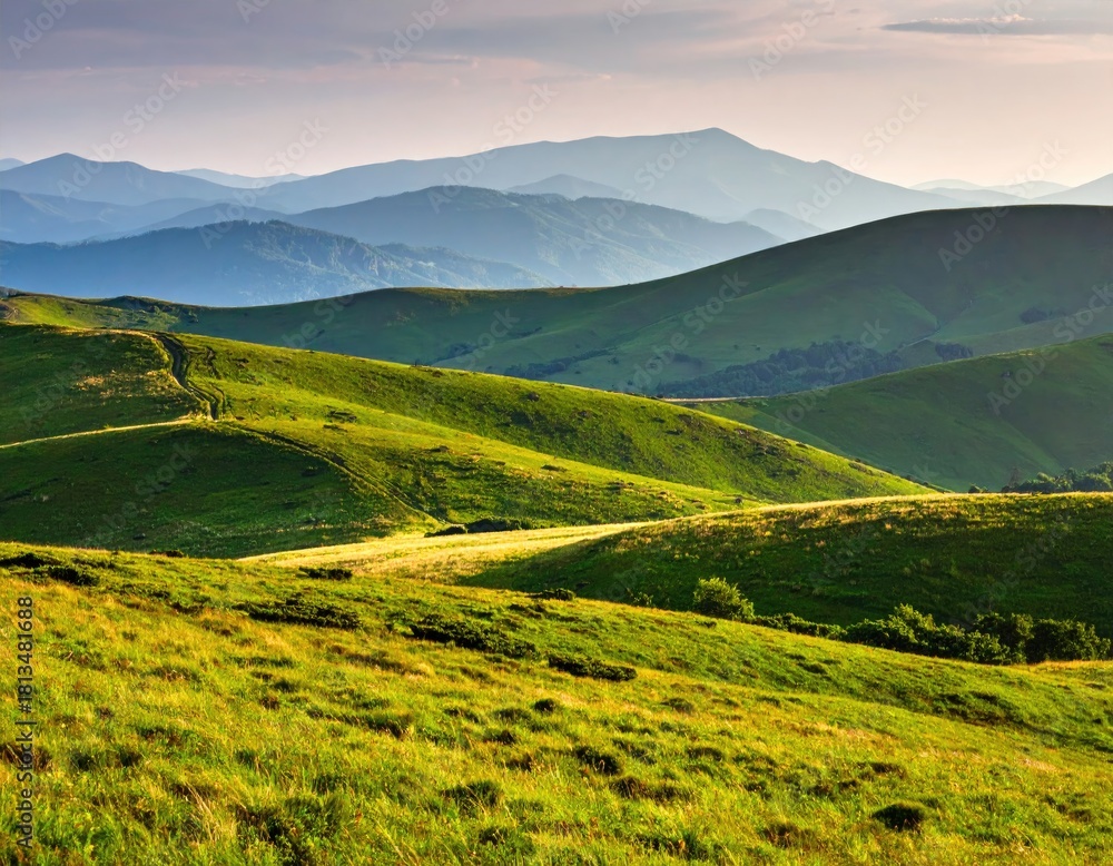 Obraz premium Rolling green hills under a vast sky show a winding path.