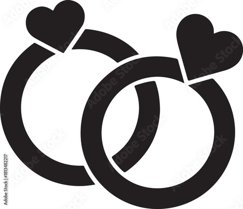 Interlocking rings with heart symbols representing love and marriage
