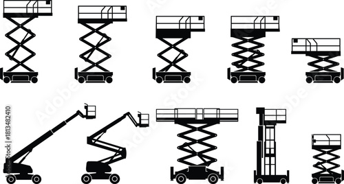 Aerial lift, scissor lift, boom lift, mast lift, construction equipment, industrial platform, silhouette vector, access machine, illustration, flavector