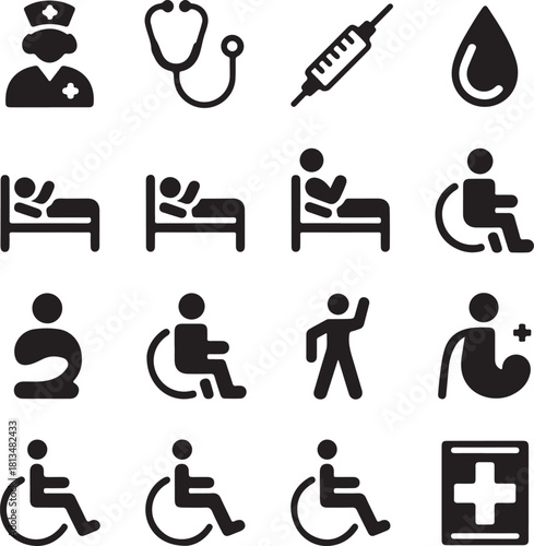 Collection of medical and healthcare icons for hospital services and patient care