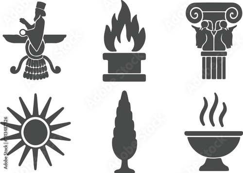 Collection of ancient symbols and icons in silhouette style
