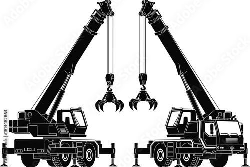 Black silhouette vector illustration of two heavy industrial mobile cranes with hydraulic claw grapples standing on outriggers isolated on white background art.