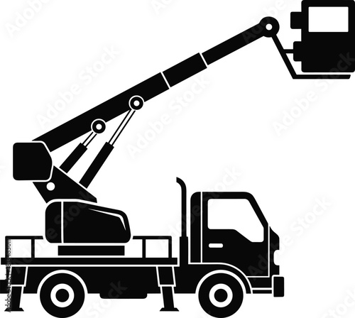 Truck-mounted boom lift, cherry picker silhouette, aerial work platform, construction equipment vector, hydraulic arm illustration, flavector