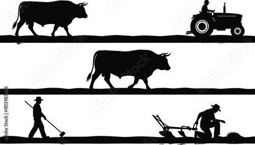Traditional farming silhouette, modern agriculture contrast, bull plow scene, tractor field work, rural labor vector, flavector